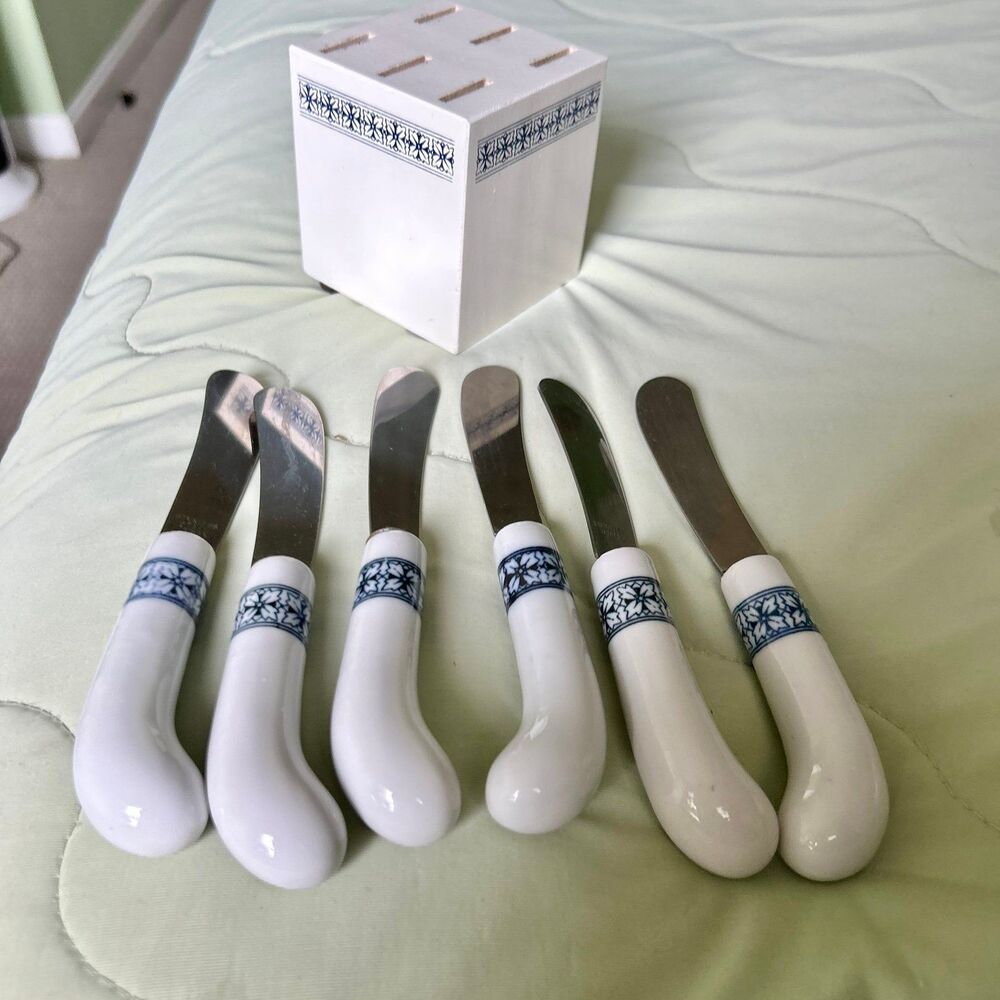 VTG Boho Blue White Stainless Steel Butter Spreaders + Holding Block Kitchenware - Picture 3 of 8